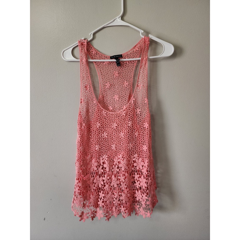 Fang Coral Pink Floral Crochet Knit Racerback Tank Top XL